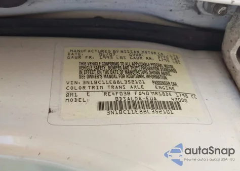 2008 Nissan Versa 1.8S из США, поврежденный, VIN 3N1BC11E88L352101